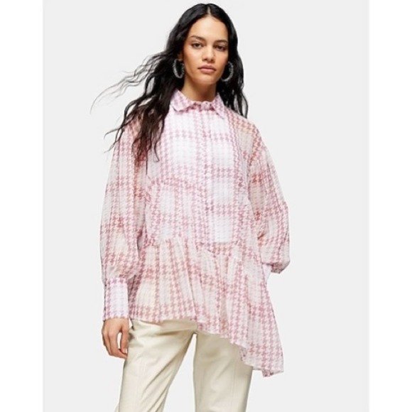 Topshop Tops - Topshop Pink Check Tiered Long Sleeve Asymmetrical Blouse Button Down Shirt